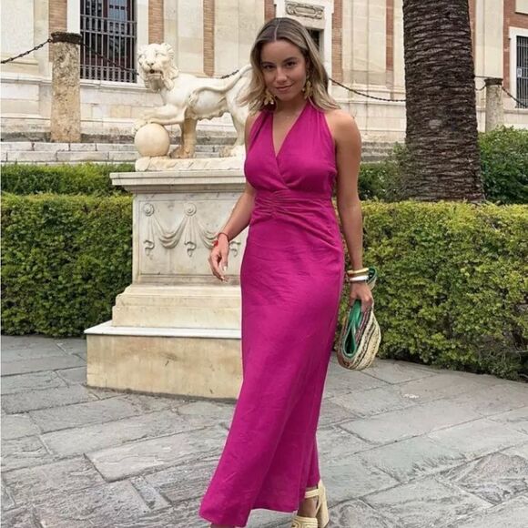 Zara Fushia Purple Linen Blend Halter Maxi Summer Party Wedding Dress - Picture 3 of 16